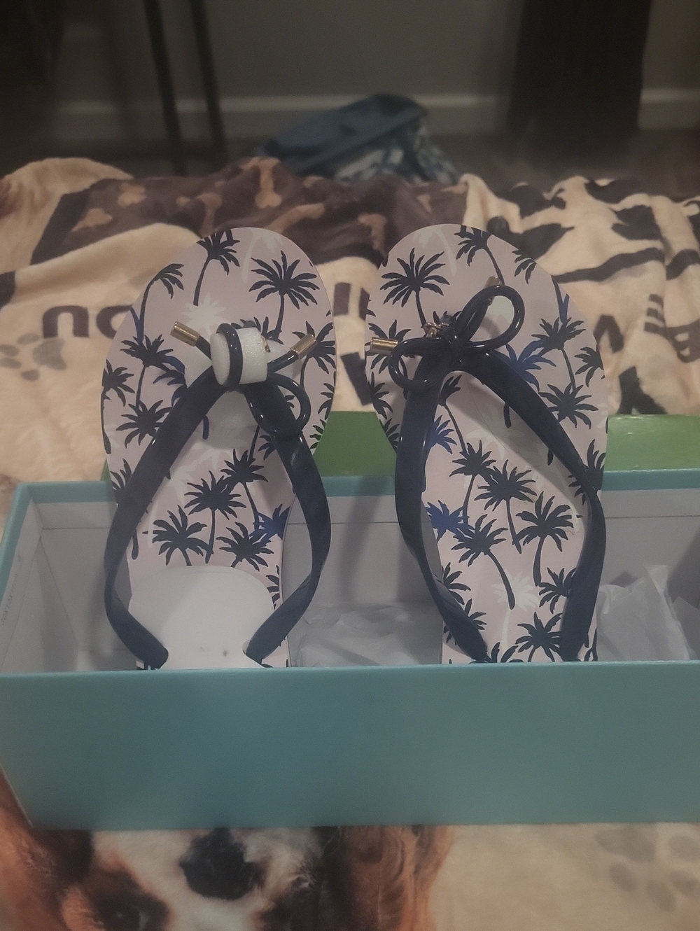 Kate Spade Flop Flops In Box Color French Navy Shiny Rubber New Motif Palm.trees